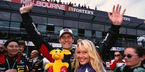 Mark Webber celebrates his fifth-place finish at his first Formula One race at Melbourne, Australia, in 2002. This weekend's race at Bahrain will be Webber's 200th in F1.
