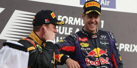 Sebastian Vettel and Kimi Raikkonen are all smiles after the Bahrain Grand Prix.