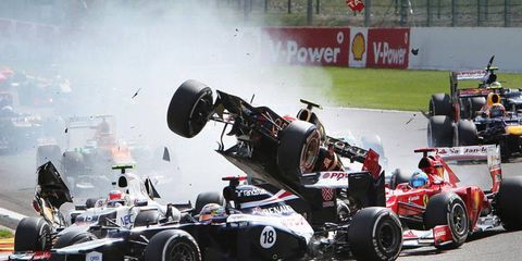 Romain Grosjean goes airborne during the Formula One race at Spa last year. Blame was placed on Grosjean, who was suspended one race.