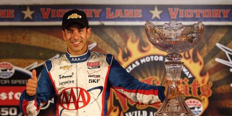 Helio Castroneves won at Texas on Saturday to take the IndyCar Series Points lead with 11 races to go.