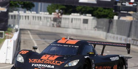 The Chevy Corvette of Max Angelelli and Jordan Taylor won the Grand-Am race on Saturday in Detroit.