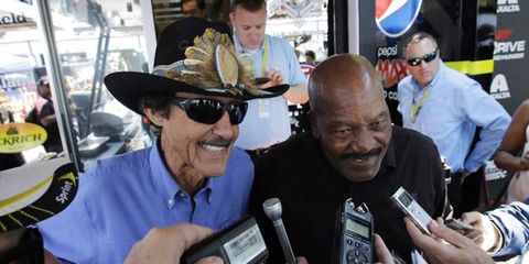 NASCAR's winningest driver, Richard Petty, left, met football great Jim Brown at Pocono Raceway last weekend.