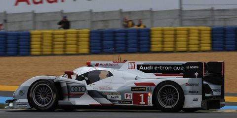 Andre Lotterer, Marcel Fassler and Benoit Treluyer are driving the Audi Sport Team Joest, No.1 Audi R18 e-tron quattro. The car led at the six-hour mark at Le Mans.