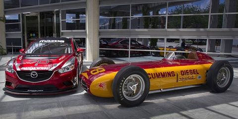 They're clearly not the same car -- they're not even designed for the same race -- but the Mazda 6 Skyactiv-D and the '52 Cummins Diesel Special are two of the very few diesel-powered vehicles to run at Indy.