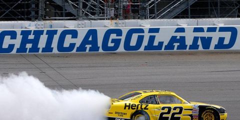 Joey Logano, the lone Cup Series regular in the field, won the NASCAR Nationwide race at Chicagoland on Sunday.