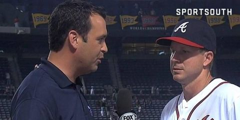 Atlanta Braves infielder Elliot Johnson did his post game interview on Tuesday  as though he'd just finished racing at Atlanta Motor Speedway.