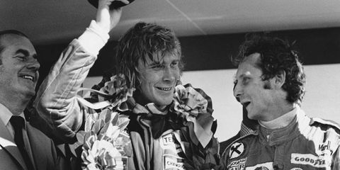 Controversy would surround the British Grand Prix, but that did not deter Hunt from enjoying the victory on the podium with Lauda.