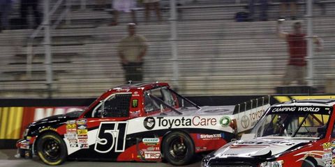 Kyle Busch raced to victory Wednesday night in Bristol in the Camping World Truck Series race.