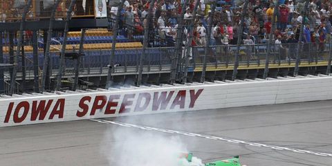 James Hinchcliffe spins out after winning in Iowa this year. Next year the race will be held in July. It is traditionally held in June.
