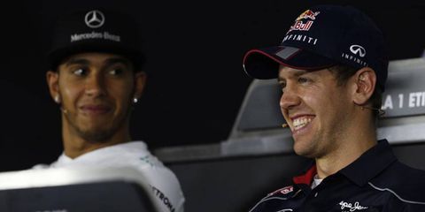 Sebastian Vettel, right, and Lewis Hamilton enjoy taking part in Thursday's press conference.