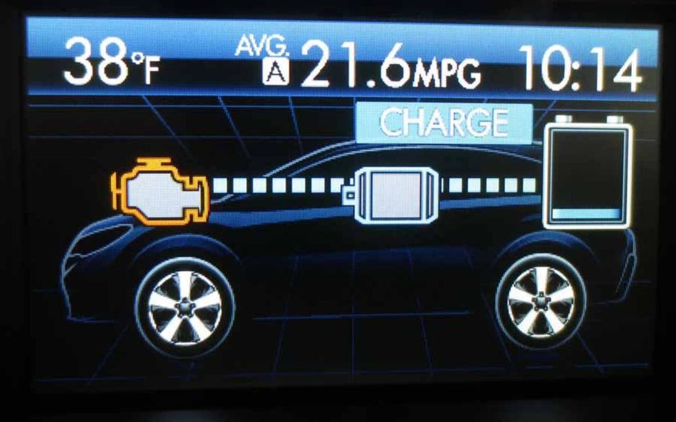 A dash-mounted LCD display keeps the driver up-to-date on the inner workings of the hybrid system and battery.