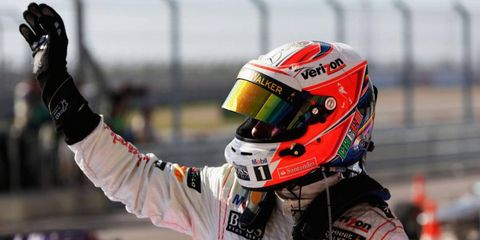 Sergio Perez waves to his supporters at the U.S. Grand Prix in Austin, Texas.