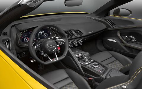The R8 V10 Spyder with 5.2-liter engine and seven-speed S-tronic dual-clutch transmission delivers 540 hp and 398 lb-ft of torque. It accelerates from 0-60 mph in only 3.5 seconds, one tenth of a second faster than the previous generation R8 V10 Spyder.