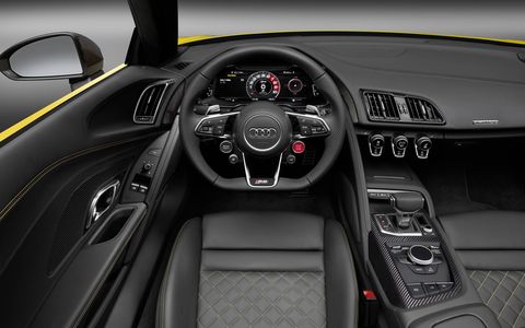 The R8 V10 Spyder with 5.2-liter engine and seven-speed S-tronic dual-clutch transmission delivers 540 hp and 398 lb-ft of torque. It accelerates from 0-60 mph in only 3.5 seconds, one tenth of a second faster than the previous generation R8 V10 Spyder.