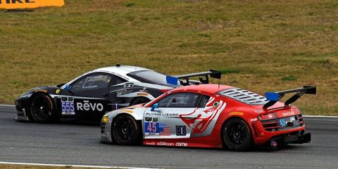 The most drama was in the GT-Daytona class, where the Level 5 Ferrari 458 Italia driven by Alessadro Pier Guidi was battling side-by-side with Markus Winkelhock in the Flying Lizard Audi R8 LMS.