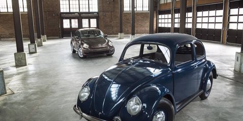 VW's 1949 Beetle is very similar to the first Beetle brought to America, shown here with the latest.