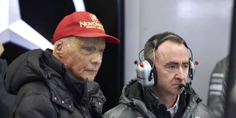 Niki Lauda (left),chairman of the Mercedes team, watches testing at Jerez alongside Padddy Lowe.