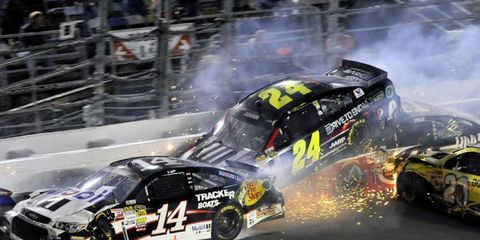 Jeff Gordon goes airborne as he slams into Tony Stewart in a big wreck at the Sprint Unlimited in Dayonta on Saturday.