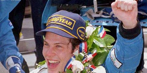 Jacques Villeneuve celebrates winning the 1995 Indianapolis 500.