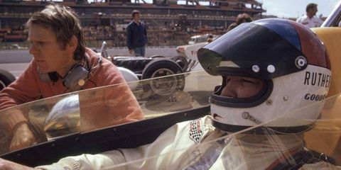 Tyler Alexander (left) and Johnny Rutherford at a 1974 IndyCar race from Ontario, California.