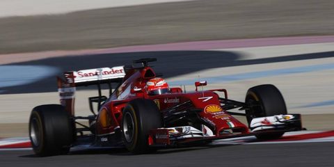 Kimi R&auml;ikk&ouml;nen drives the new Ferrari F14 T at pre-season Bahrain testing.