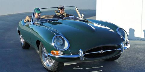A Jaguar makes it up the ramp to the top of the Petersen Museum's parking garage.