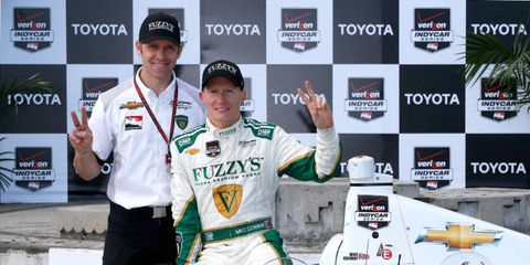 Ed Carpenter, left, and Mike Conway celebrate Conway's win for Ed Carpenter Racing at Long Beach this season.