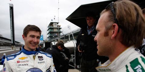 J.R.Hildebrand, left, and driver/owner Ed Carpenter had plenty to smile about at the Indianapolis Motor Speedway after Carpenter eclipsed the 230 mph barrier.