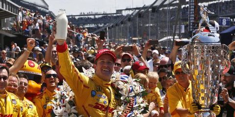 Ryan Hunter-Reay celebrates his victory in the second closest finish in Indianapolis 500 history.