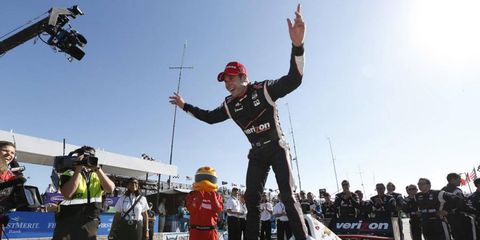 Will Power after winning the first Detroit IndyCar race of the weekend. It doesn't look like his wrist hurts that much, right?