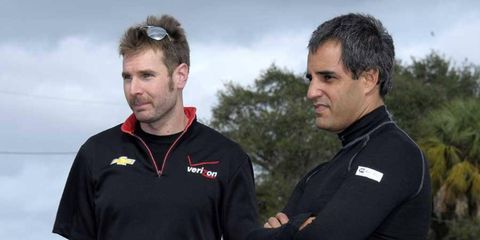 Will Power (left) and Juan Pablo Montoya have differing ideas on how best to finish IndyCar races.