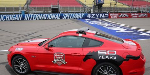 The 2015 Ford Mustang GT will be on the track at Michigan International Speedway during the NASCAR Sprint Cup Series race on Sunday.