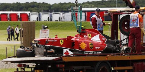 Kimi Raikkonen and Felipe Massa were involved in a big wreck during the opening lap of Sunday's British Grand Prix. Raikkonen's car took quite a beating.