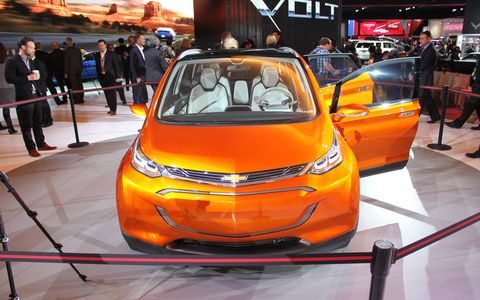 Chevrolet surprised the Detroit auto show Monday morning with the reveal of the Bolt EV, a chunky-looking crossover with 200 miles of range.