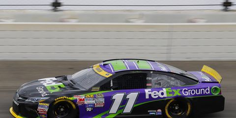Denny Hamlin, who tore an ACL playing basketball less than two weeks ago, struck first in the NASCAR Chase.