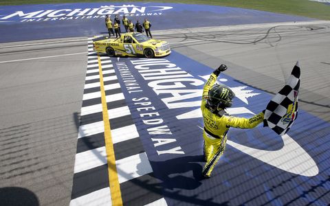 Kyle Busch won the Careers for Veterans 200 at Michigan International Speedway on Saturday. The victory was Busch's first-career NASCAR Camping World Truck Series win at MIS and the 44th of his carer.