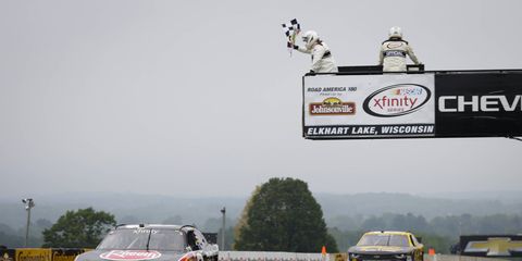 Michael McDowell won Saturday night's NASCAR Xfinity race at Road America.
