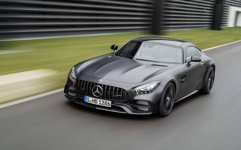 With wider rear fenders and a rear-wheel steering system pulled from the AMG GT R, the newly revealed 2018 Mercedes AMG GT C Coupe gets most of the range-topper’s performance goodies with a slightly more civilized power output. The limited-production Edition 50 Coupe is shown here.