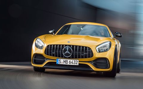 The 2018 Mercedes-AMG lineup gets the so-called Panamericana grille, a few performance-enhancing extras pulled from the range-topping GT R and a little more power to go around. The 2018 GT S is shown here.