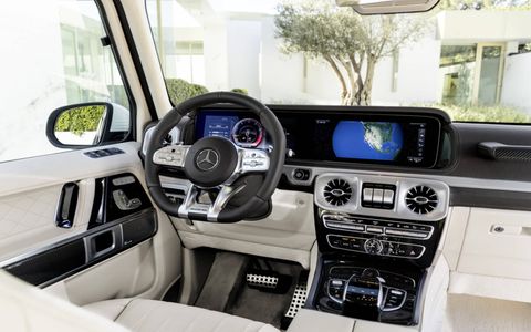 The interior of the 2019 Mercedes-AMG G63 is similar to that of the all-new G550, but features like the flat-bottomed AMG Performance steering wheel set it apart.