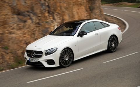 mercedes benz e class coupe front 3 4 on road