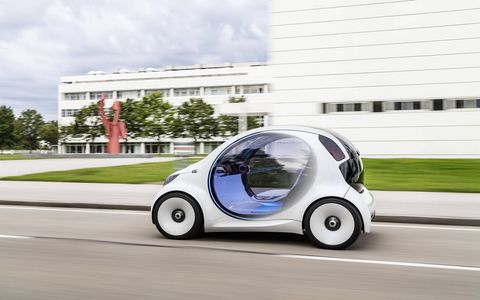 smart has been contemplating the future lately and has come to the conclusion that the future will need smart cars. This forward-looking transportation concept, which will be shown at Frankfurt, is autonomous, connected and electric. Look for cars like this on city streets near you starting in  2030 and beyond. Maybe.