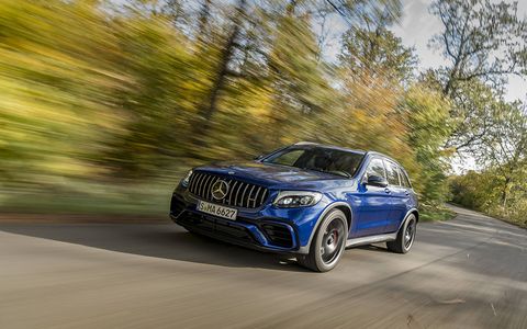 The new 2018 Mercedes AMG GLC63 performance SUV packs up to 510 hp under the hood of a compact utility.