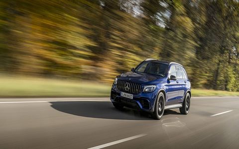 The new 2018 Mercedes AMG GLC63 performance SUV packs up to 510 hp under the hood of a compact utility.