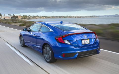 The 2017 Civic coupe is available in three powertrain configurations: a 174-hp 1.5-liter DOHC turbo engine with a CVT, a 158-hp 2.0-liter i-VTEC paired with a CVT (LX and LX-P) and the same 2.0-liter engine with a six-speed manual transmission (on LX trim).