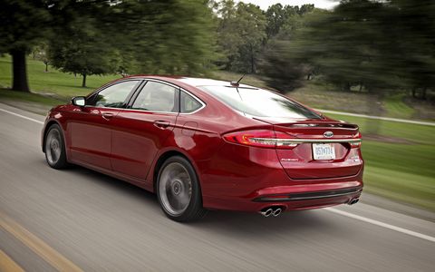 The 2017 Ford Fusion Sport is equipped with a 2.7-liter twin-turbocharged V6 making 325 hp and 380 lb-ft with a six-speed automatic.