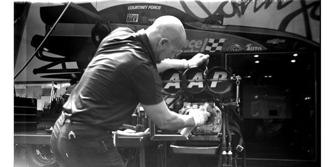 Courtney Force's supercharger gets some work. Photographed with 1916 Ansco Buster Brown No. 3 box camera.