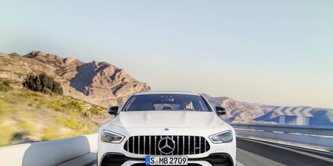 The 2019 Mercedes-AMG GT Four-Door Coupe comes with either a 429-hp I6, a 577-hp V8 or a 630-hp V8. All get nine-speed transmissions.