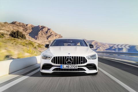 The 2019 Mercedes-AMG GT Four-Door Coupe comes with either a 429-hp I6, a 577-hp V8 or a 630-hp V8. All get nine-speed transmissions.