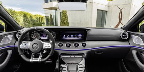 Two high-resolution displays, each measuring 12.3 inches, dominate the Widescreen Cockpit, which is standard on all 2019 Mercedes-AMG GT Four-Door Coupe variants in the U.S. market. Three different display styles are available: classic, sport and the new supersport.